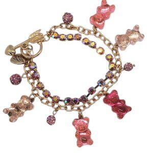 Betsey Johnson Pink Gummy Bear Charm Bracelet Gold Tone Rhinestone Toggle